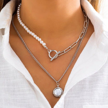 Goth Baroque Pearl Coin Portrait Pendant Necklace for Women Vintage Aesthetic Jewelry