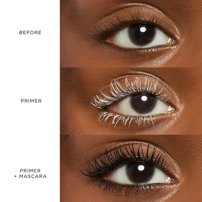 Before primer and primer plus mascara comparison on deep skin tone